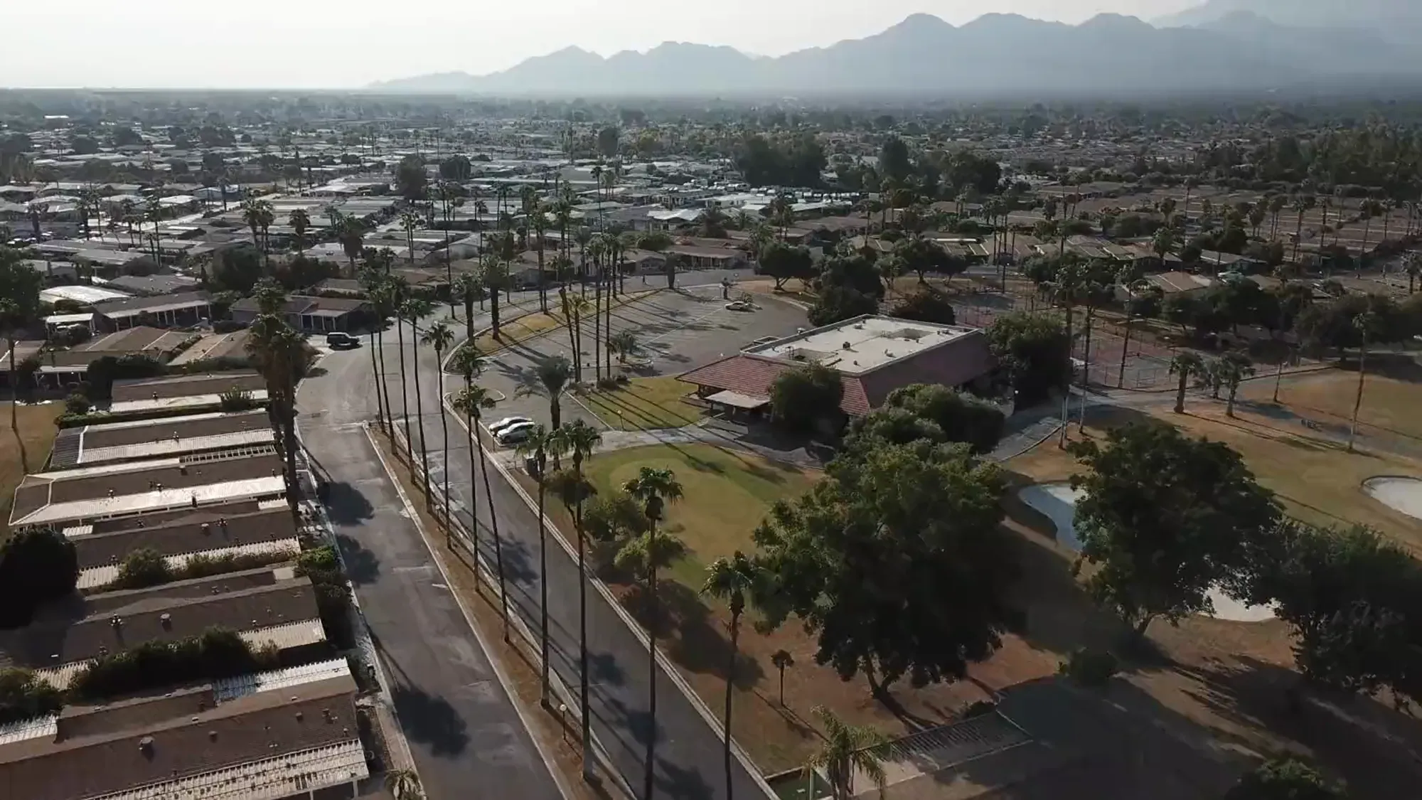 Aerial view of a Southern California neighbourhood of tile and shingle roofs